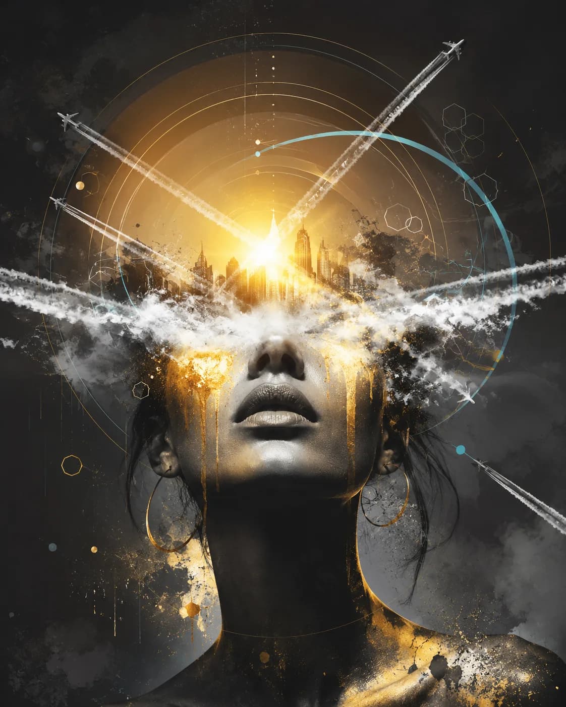 Editorial illustration of a figure gazing skyward as aircraft trails, pulsed beams, and atmospheric energy converge overhead, a symbolic reminder of who lives downstream of geo-engineering activity.