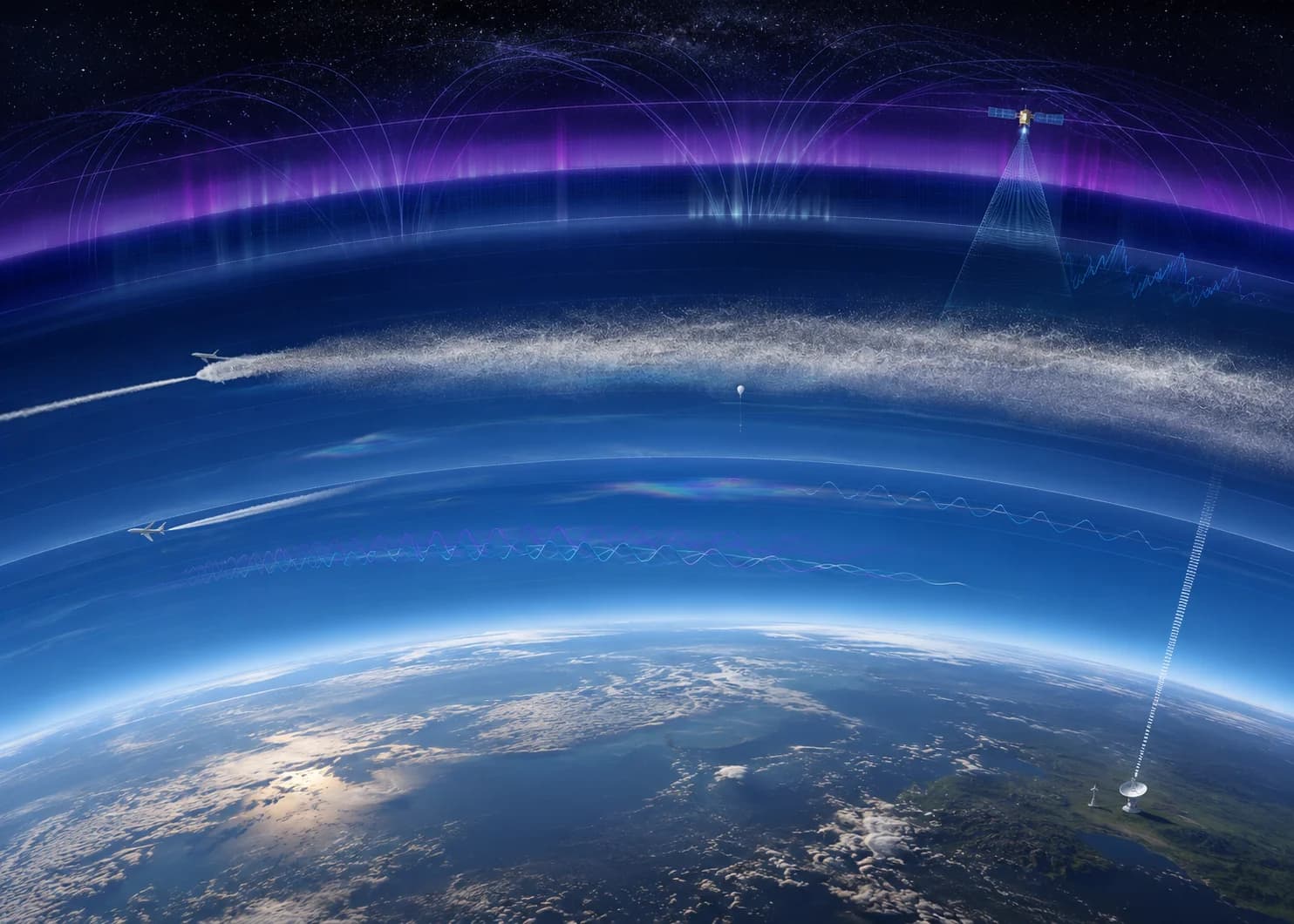 Earth viewed from low orbit at dusk, aurora ribbons and atmospheric energy streaks visible along the upper atmosphere, with satellite and ground-based signal traces reaching between orbit and surface.